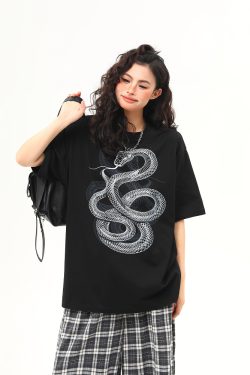 Vintage Snake Print Round Neck Short Sleeve T-Shirt for Men and Women - 2025 Summer Loose Couple Top, Y2K Style