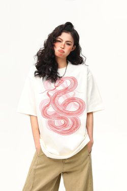 Vintage Snake Print Round Neck Short Sleeve T-Shirt for Men and Women - 2025 Summer Loose Couple Top, Y2K Style