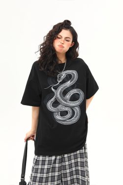 Vintage Snake Print Round Neck Short Sleeve T-Shirt for Men and Women - 2025 Summer Loose Couple Top, Y2K Style
