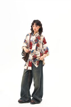 Vintage Splatter Design Short Sleeve Shirt for Women | Retro American Style, Trendy 90s Aesthetic Fashion Top