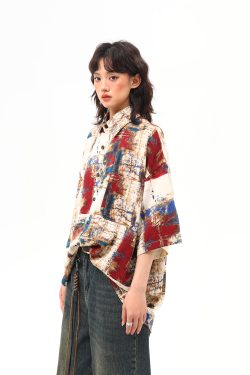 Vintage Splatter Design Short Sleeve Shirt for Women | Retro American Style, Trendy 90s Aesthetic Fashion Top