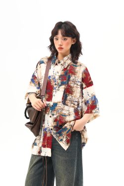 Vintage Splatter Design Short Sleeve Shirt for Women | Retro American Style, Trendy 90s Aesthetic Fashion Top