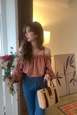 Vintage Spring Garden Off-Shoulder Checkered Long Sleeve Shirt for Women - Lantern Sleeve One-Shoulder Blouse for Spring Summer