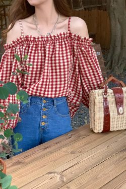 Vintage Spring Garden Off-Shoulder Checkered Long Sleeve Shirt for Women - Lantern Sleeve One-Shoulder Blouse for Spring Summer