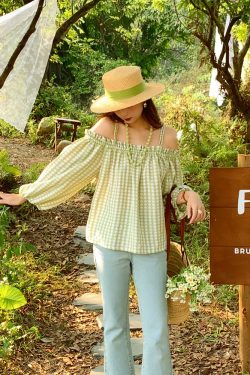 Vintage Spring Garden Off-Shoulder Checkered Long Sleeve Shirt for Women - Lantern Sleeve One-Shoulder Blouse for Spring Summer
