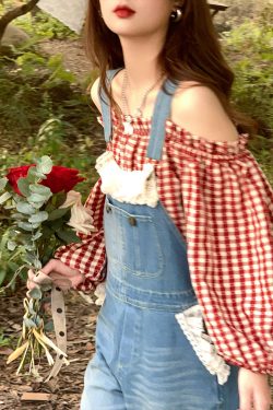 Vintage Spring Garden Off-Shoulder Checkered Long Sleeve Shirt for Women - Lantern Sleeve One-Shoulder Blouse for Spring Summer