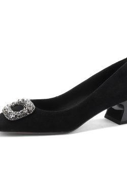 Vintage Square Buckle Rhinestone Square-Toe Loafers for Women - Chunky Heel Suede Sheepskin Footwear, Italian Style Fashion