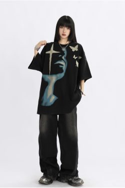 Vintage Street Portrait Printed Oversized T-Shirt for Men and Women | Unisex American Streetwear | 90s Inspired Loose Fit Tee