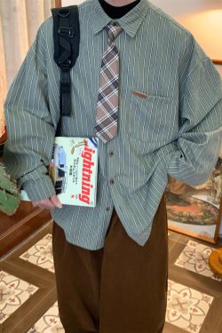 Vintage Striped Long Sleeve Shirt for Men and Women - Versatile Loose Fit Tie Top for Spring and Autumn, Y2K American Style