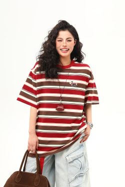 Vintage Striped Sausage Dog Embroidered Short Sleeve T-Shirt for Women - Loose Fit Summer Tee, Casual Style