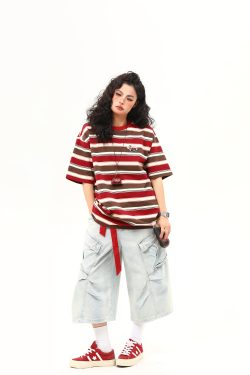 Vintage Striped Sausage Dog Embroidered Short Sleeve T-Shirt for Women - Loose Fit Summer Tee, Casual Style