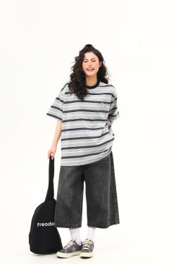 Vintage Striped Short Sleeve T-Shirt for Women with Dog Embroidery - Loose High-Quality Gray Tee, Perfect for Casual Y2K Style