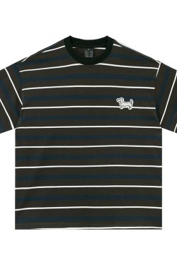 Vintage Striped Short Sleeve T-Shirt for Women with Dog Embroidery - Loose High-Quality Gray Tee, Perfect for Casual Y2K Style