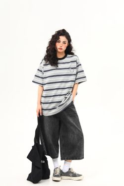 Vintage Striped Short Sleeve T-Shirt for Women with Dog Embroidery - Loose High-Quality Gray Tee, Perfect for Casual Y2K Style