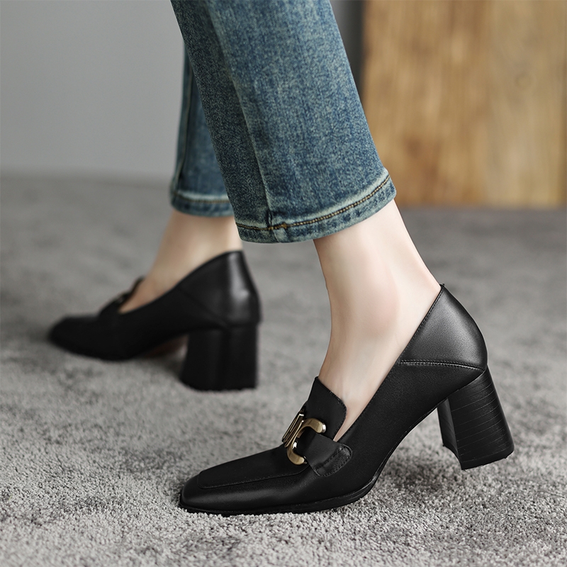 Vintage Style High Heels for Women - Square Toe Genuine Leather Flats - 2025 Spring Autumn Collection Vintage Style High Heels for Women - Square Toe Genuine Leather Flats - 2025 Spring Autumn Collection