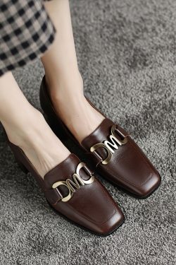 Vintage Style High Heels for Women - Square Toe Genuine Leather Flats - 2025 Spring Autumn Collection