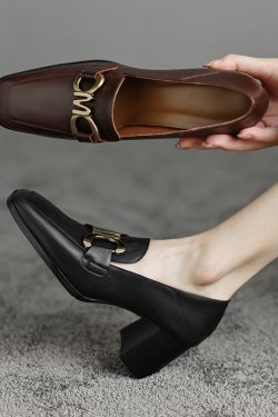 Vintage Style High Heels for Women - Square Toe Genuine Leather Flats - 2025 Spring Autumn Collection
