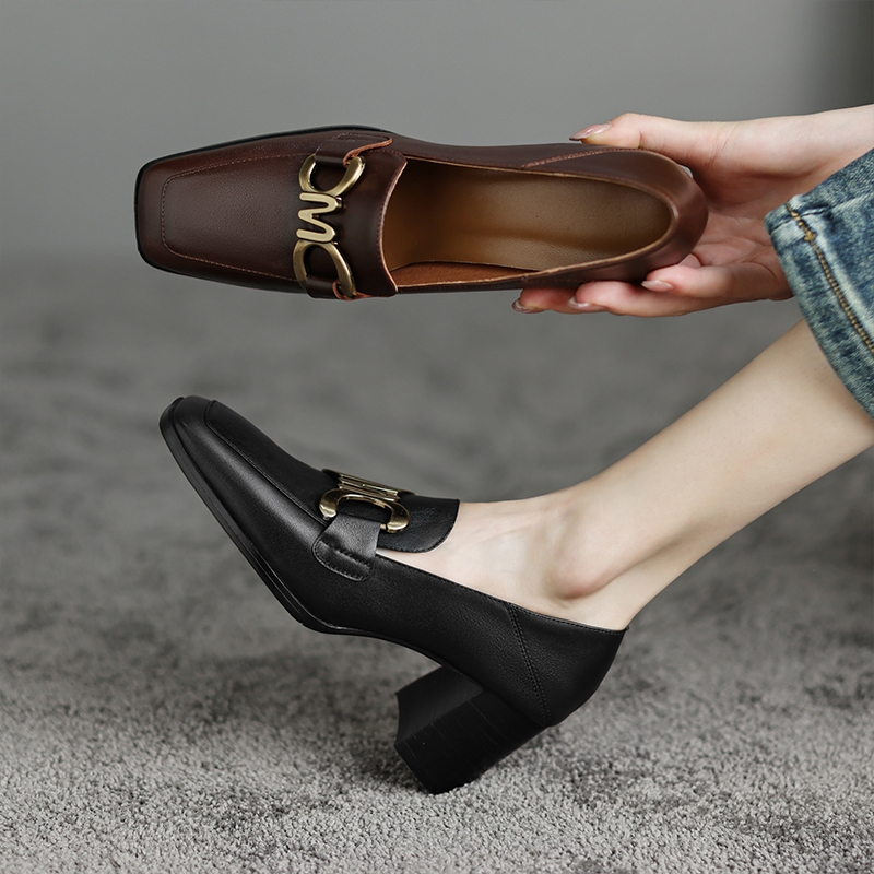 Vintage Style High Heels for Women - Square Toe Genuine Leather Flats - 2025 Spring Autumn Collection Vintage Style High Heels for Women - Square Toe Genuine Leather Flats - 2025 Spring Autumn Collection