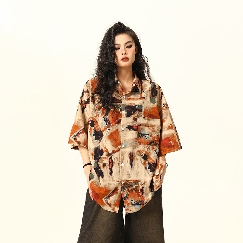 Vintage Style Oil Painting Short Sleeve Shirt for Women - Trendy Loose Fit Summer Top 2025, Boho Aesthetic Fashion Vintage Style Oil Painting Short Sleeve Shirt for Women - Trendy Loose Fit Summer Top 2025, Boho Aesthetic Fashion