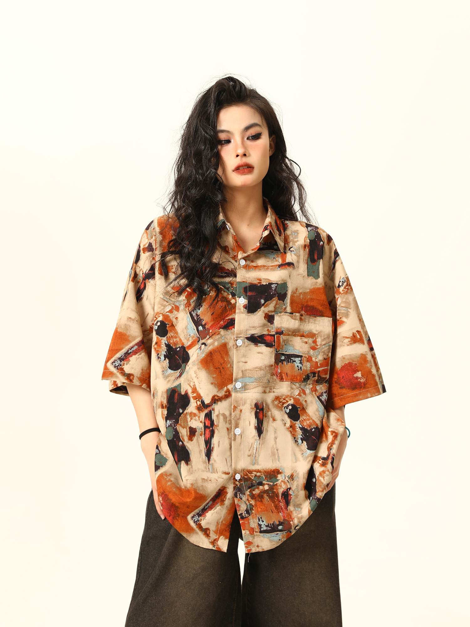 Vintage Style Oil Painting Short Sleeve Shirt for Women - Trendy Loose Fit Summer Top 2025, Boho Aesthetic Fashion Vintage Style Oil Painting Short Sleeve Shirt for Women - Trendy Loose Fit Summer Top 2025, Boho Aesthetic Fashion
