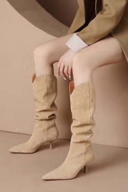 Vintage Suede Pointed Toe Western Cowboy Boots for Women - High Heels, Slouch Design, Y2K Inspired Fashion Footwear