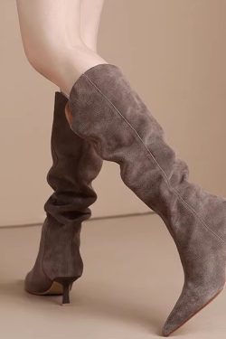 Vintage Suede Pointed Toe Western Cowboy Boots for Women - High Heels, Slouch Design, Y2K Inspired Fashion Footwear