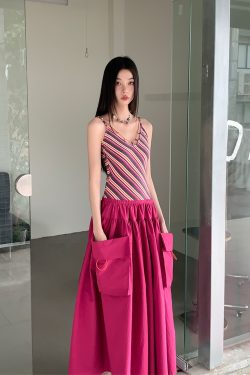 Vintage Summer Striped Spliced Design Faux Two-Piece Long Camisole Dress - Y2K Inspired Fashion