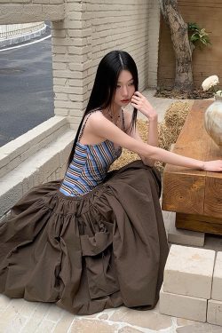 Vintage Summer Striped Spliced Design Faux Two-Piece Long Camisole Dress - Y2K Inspired Fashion