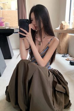 Vintage Summer Striped Spliced Design Faux Two-Piece Long Camisole Dress - Y2K Inspired Fashion