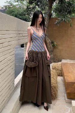 Vintage Summer Striped Spliced Design Faux Two-Piece Long Camisole Dress - Y2K Inspired Fashion