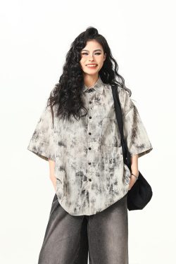 Vintage Tie-Dye Short Sleeve Shirt for Women - Wild A-Zi National Style Ink Wash, Retro American Trendy Fashion Top