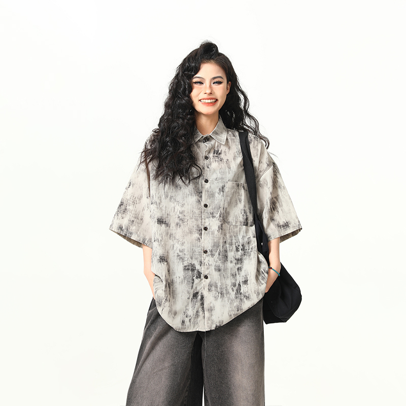 Vintage Tie-Dye Short Sleeve Shirt for Women - Wild A-Zi National Style Ink Wash, Retro American Trendy Fashion Top Vintage Tie-Dye Short Sleeve Shirt for Women - Wild A-Zi National Style Ink Wash, Retro American Trendy Fashion Top