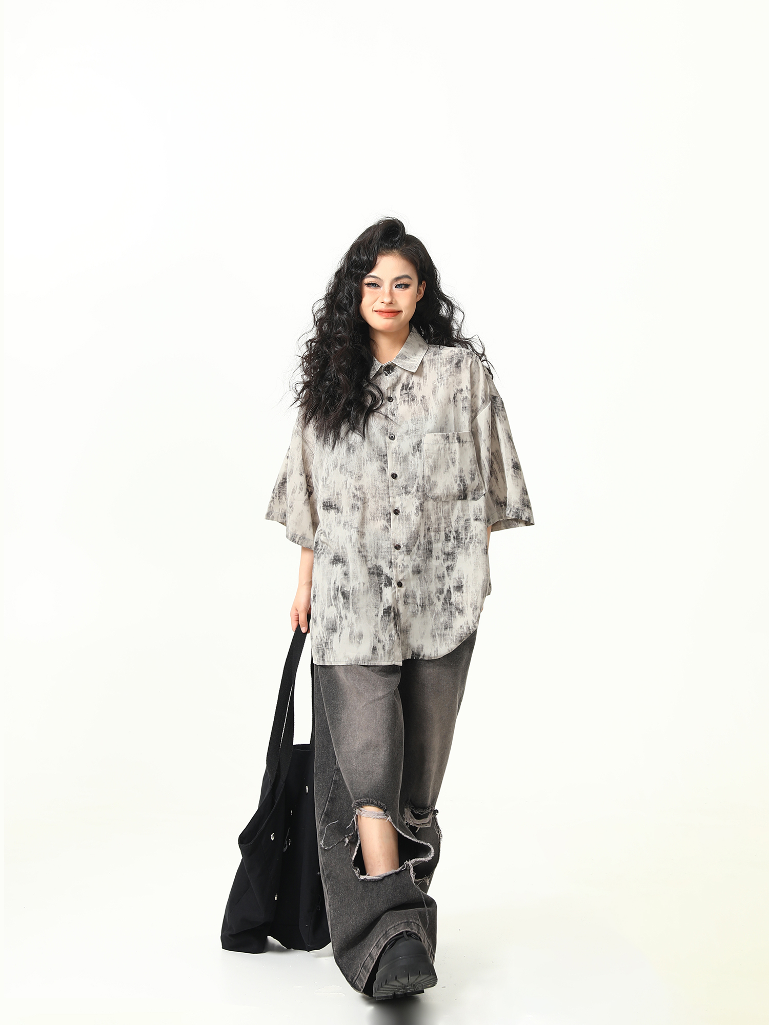 Vintage Tie-Dye Short Sleeve Shirt for Women - Wild A-Zi National Style Ink Wash, Retro American Trendy Fashion Top Vintage Tie-Dye Short Sleeve Shirt for Women - Wild A-Zi National Style Ink Wash, Retro American Trendy Fashion Top