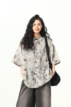 Vintage Tie-Dye Short Sleeve Shirt for Women - Wild A-Zi National Style Ink Wash, Retro American Trendy Fashion Top