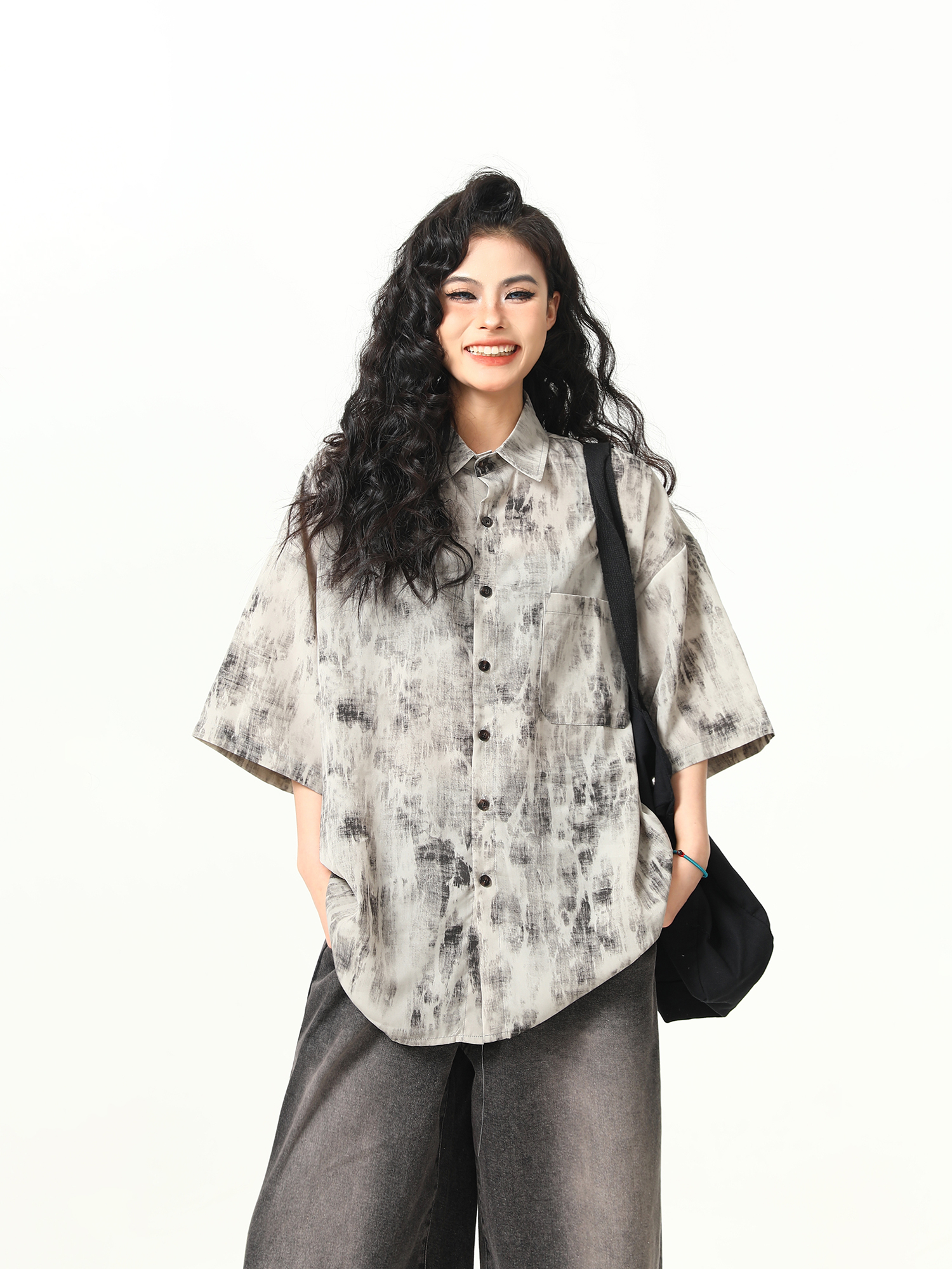 Vintage Tie-Dye Short Sleeve Shirt for Women - Wild A-Zi National Style Ink Wash, Retro American Trendy Fashion Top Vintage Tie-Dye Short Sleeve Shirt for Women - Wild A-Zi National Style Ink Wash, Retro American Trendy Fashion Top