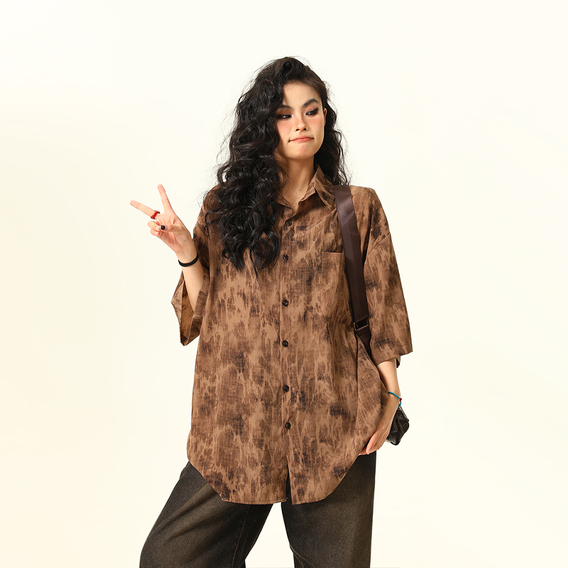 Vintage Tie-Dye Short Sleeve Shirt for Women - Wild A-Zi National Style Ink Wash, Retro American Trendy Fashion Top Vintage Tie-Dye Short Sleeve Shirt for Women - Wild A-Zi National Style Ink Wash, Retro American Trendy Fashion Top