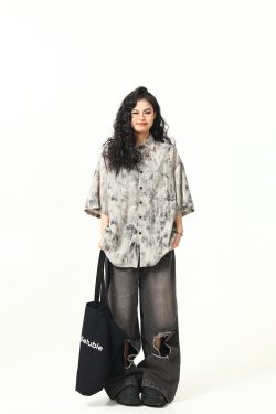 Vintage Tie-Dye Short Sleeve Shirt for Women - Wild Ink Wash Design, Retro American Style, Trendy Summer Top