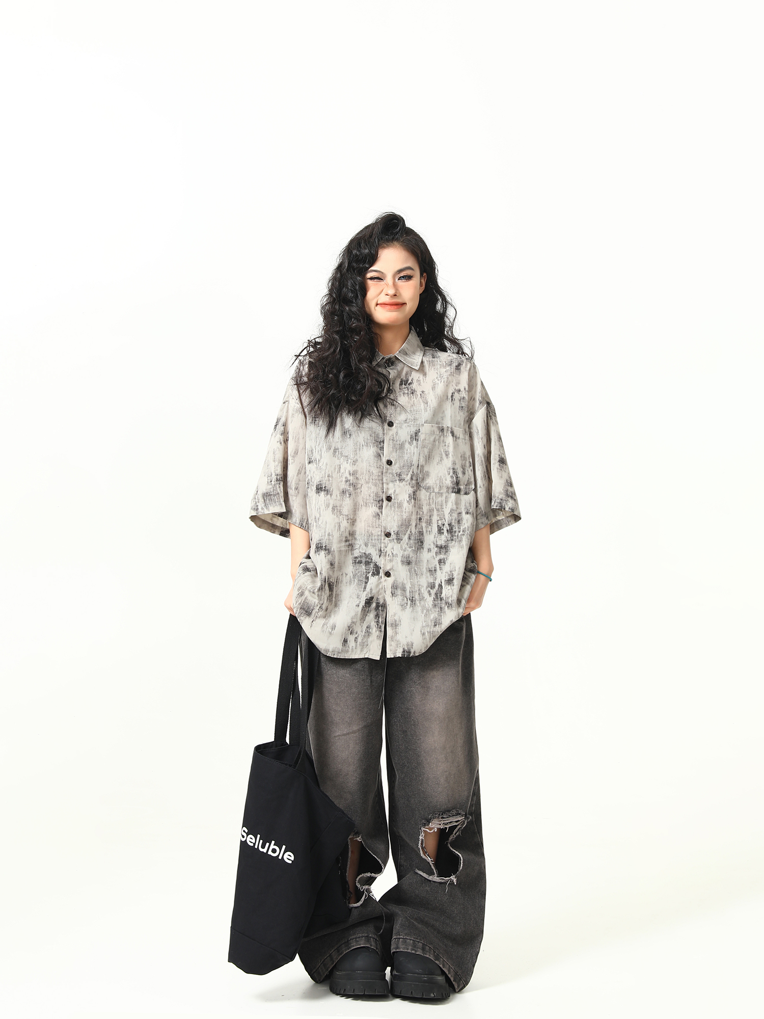 Vintage Tie-Dye Short Sleeve Shirt for Women - Wild Ink Wash Design, Retro American Style, Trendy Summer Top Vintage Tie-Dye Short Sleeve Shirt for Women - Wild Ink Wash Design, Retro American Style, Trendy Summer Top