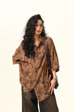 Vintage Tie-Dye Short Sleeve Shirt for Women - Wild Ink Wash Design, Retro American Style, Trendy Summer Top