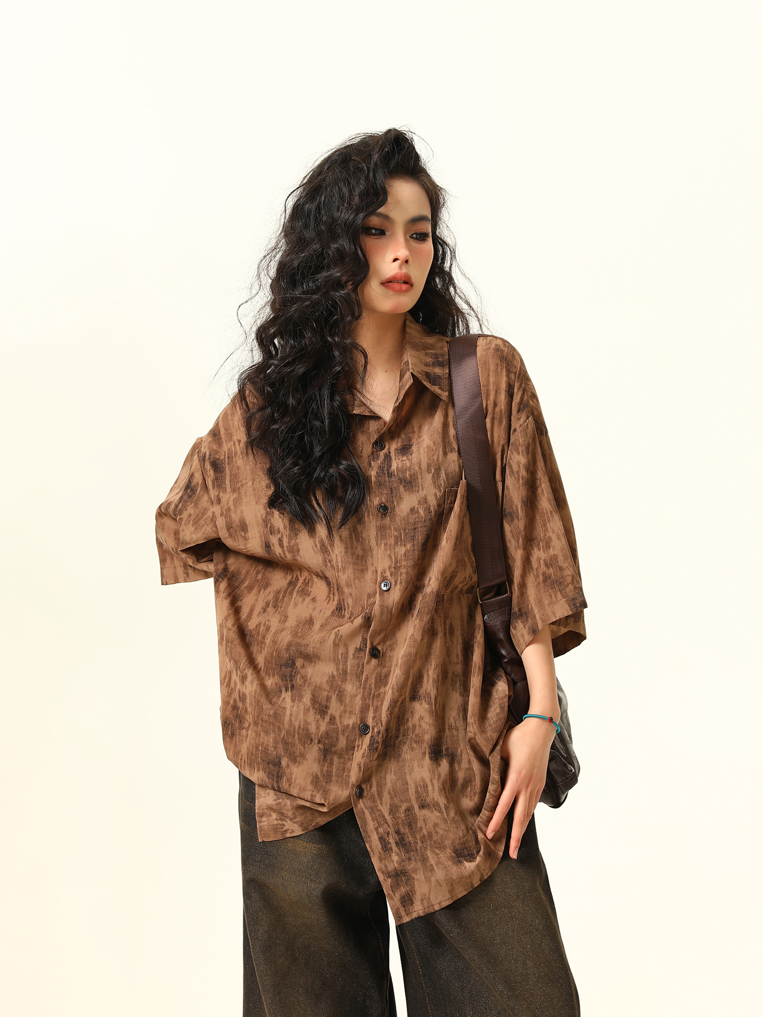 Vintage Tie-Dye Short Sleeve Shirt for Women - Wild Ink Wash Design, Retro American Style, Trendy Summer Top Vintage Tie-Dye Short Sleeve Shirt for Women - Wild Ink Wash Design, Retro American Style, Trendy Summer Top