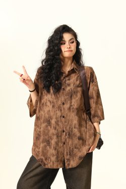 Vintage Tie-Dye Short Sleeve Shirt for Women - Wild Ink Wash Design, Retro American Style, Trendy Summer Top