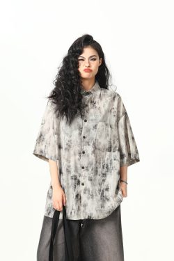 Vintage Tie-Dye Short Sleeve Shirt for Women - Wild Ink Wash Design, Retro American Style, Trendy Summer Top