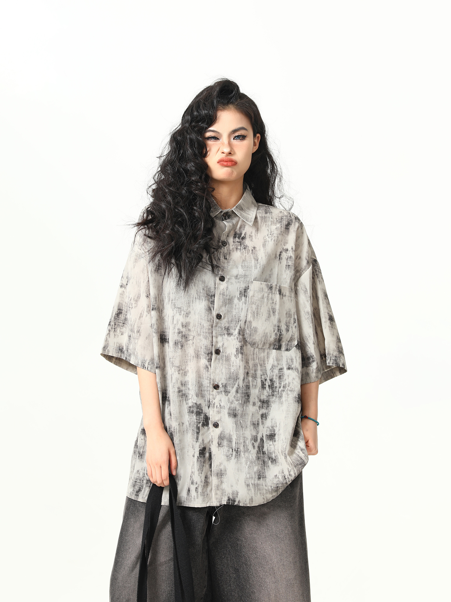 Vintage Tie-Dye Short Sleeve Shirt for Women - Wild Ink Wash Design, Retro American Style, Trendy Summer Top Vintage Tie-Dye Short Sleeve Shirt for Women - Wild Ink Wash Design, Retro American Style, Trendy Summer Top