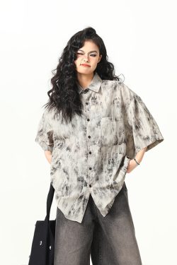 Vintage Tie-Dye Short Sleeve Shirt for Women - Wild Ink Wash Design, Retro American Style, Trendy Summer Top