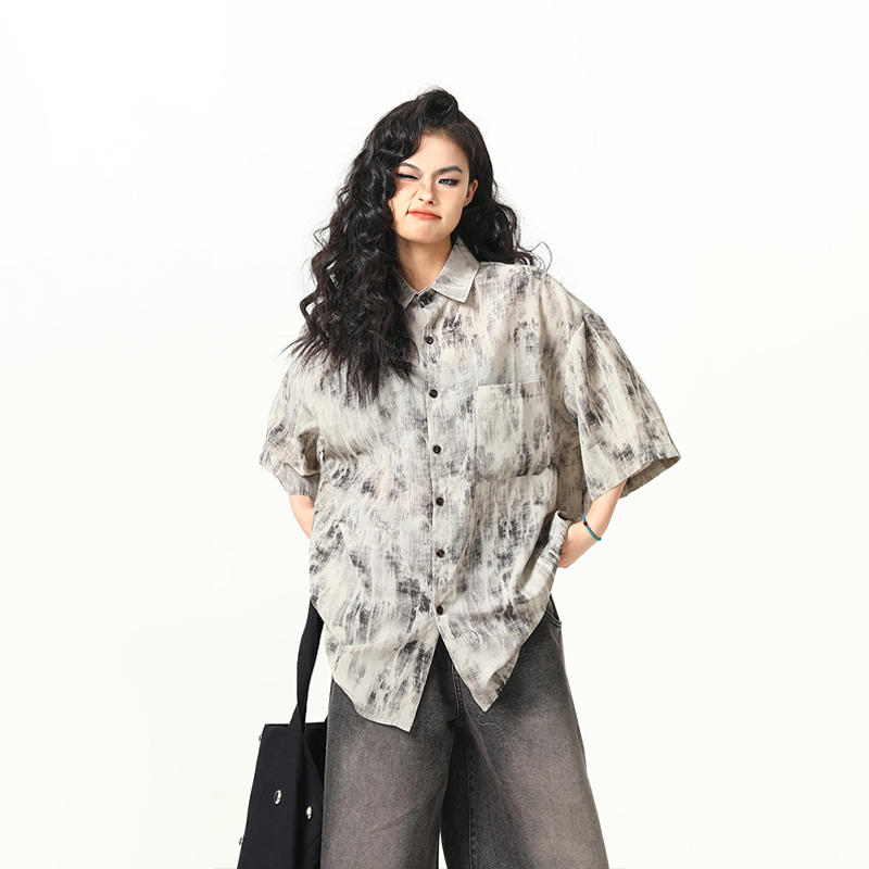 Vintage Tie-Dye Short Sleeve Shirt for Women - Wild Ink Wash Design, Retro American Style, Trendy Summer Top Vintage Tie-Dye Short Sleeve Shirt for Women - Wild Ink Wash Design, Retro American Style, Trendy Summer Top