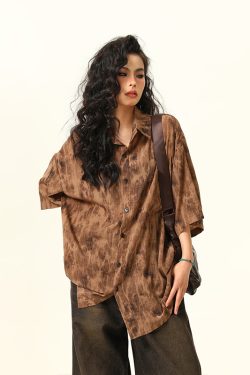 Vintage Tie-Dye Short Sleeve Shirt for Women - Wild Ink Wash Design, Retro American Style, Trendy Summer Top