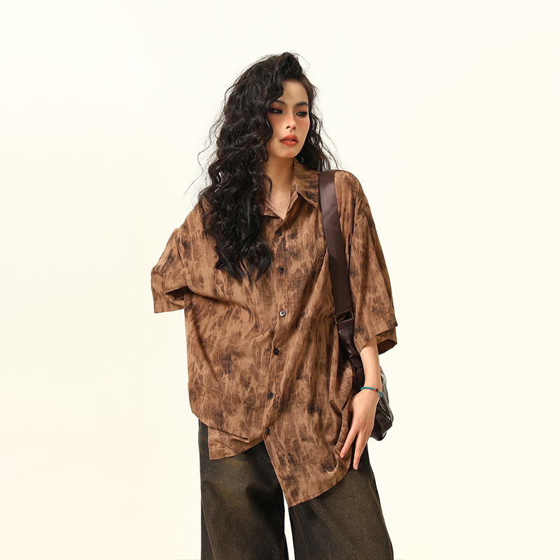 Vintage Tie-Dye Short Sleeve Shirt for Women - Wild Ink Wash Design, Retro American Style, Trendy Summer Top Vintage Tie-Dye Short Sleeve Shirt for Women - Wild Ink Wash Design, Retro American Style, Trendy Summer Top