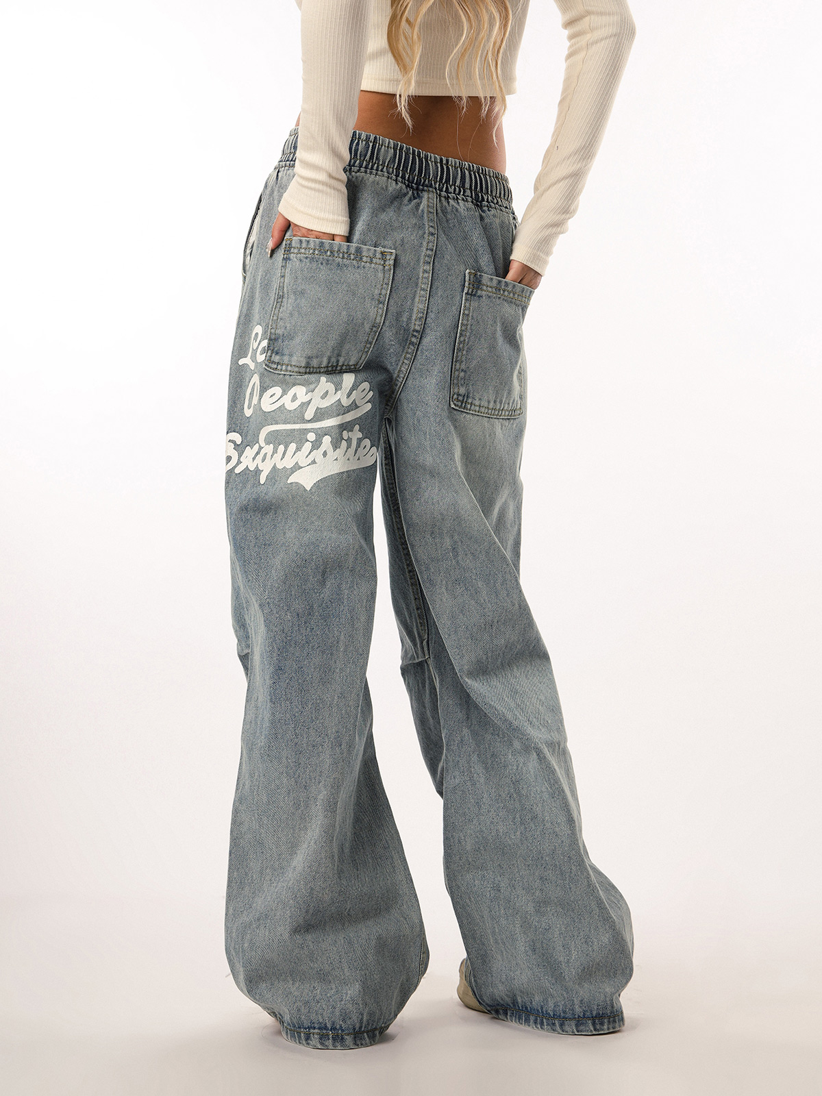 Vintage Wash Distressed Elastic Waist Women's Wide-Leg Jeans - Casual Straight Fit Beer Team Captain Style Vintage Wash Distressed Elastic Waist Women's Wide-Leg Jeans - Casual Straight Fit Beer Team Captain Style
