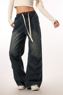 Vintage Wash Distressed Elastic Waist Women's Wide-Leg Jeans - Casual Straight Fit Beer Team Captain Style