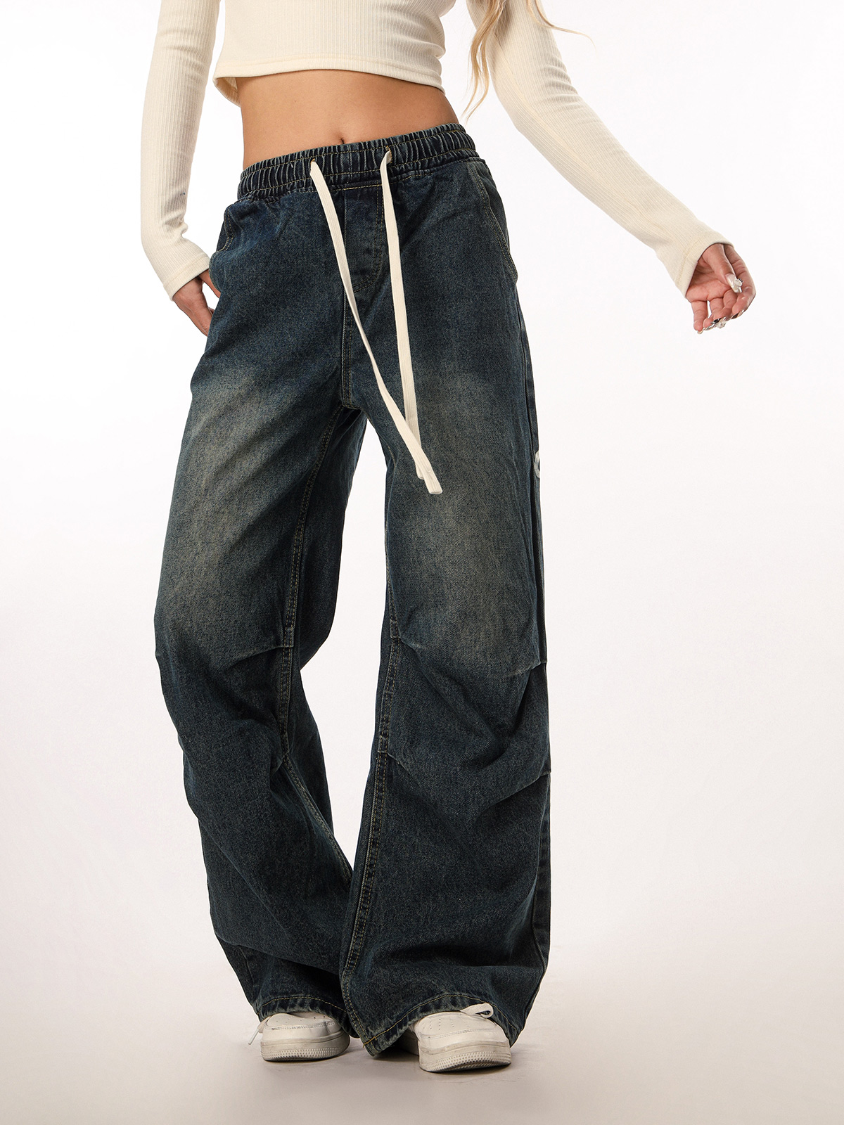 Vintage Wash Distressed Elastic Waist Women's Wide-Leg Jeans - Casual Straight Fit Beer Team Captain Style Vintage Wash Distressed Elastic Waist Women's Wide-Leg Jeans - Casual Straight Fit Beer Team Captain Style